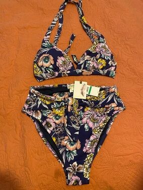 Jessica Simpson Navy Floral High-Waist Bikini Set